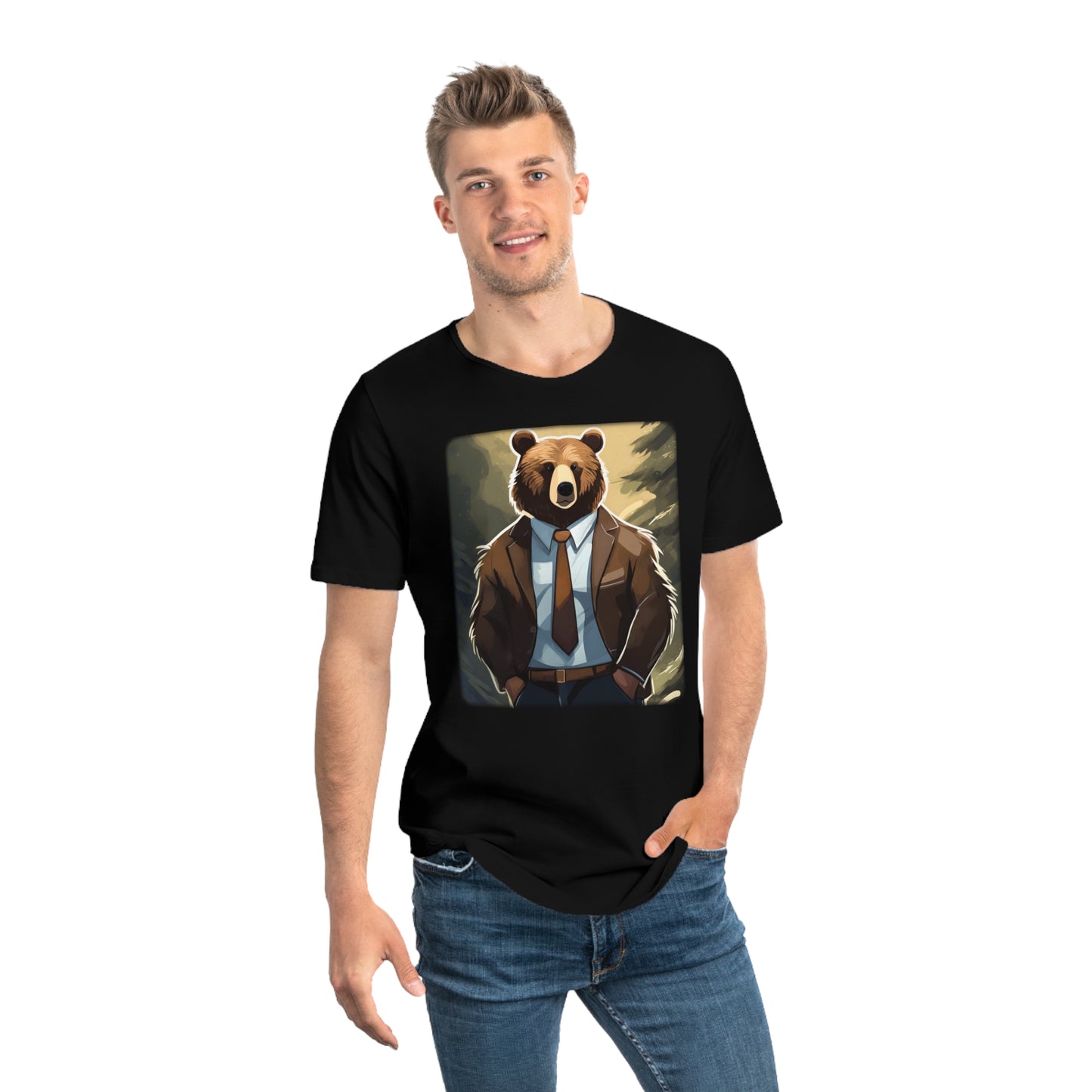 Men's Jersey Curved Hem Tee, Bear Print T-shirt 2101