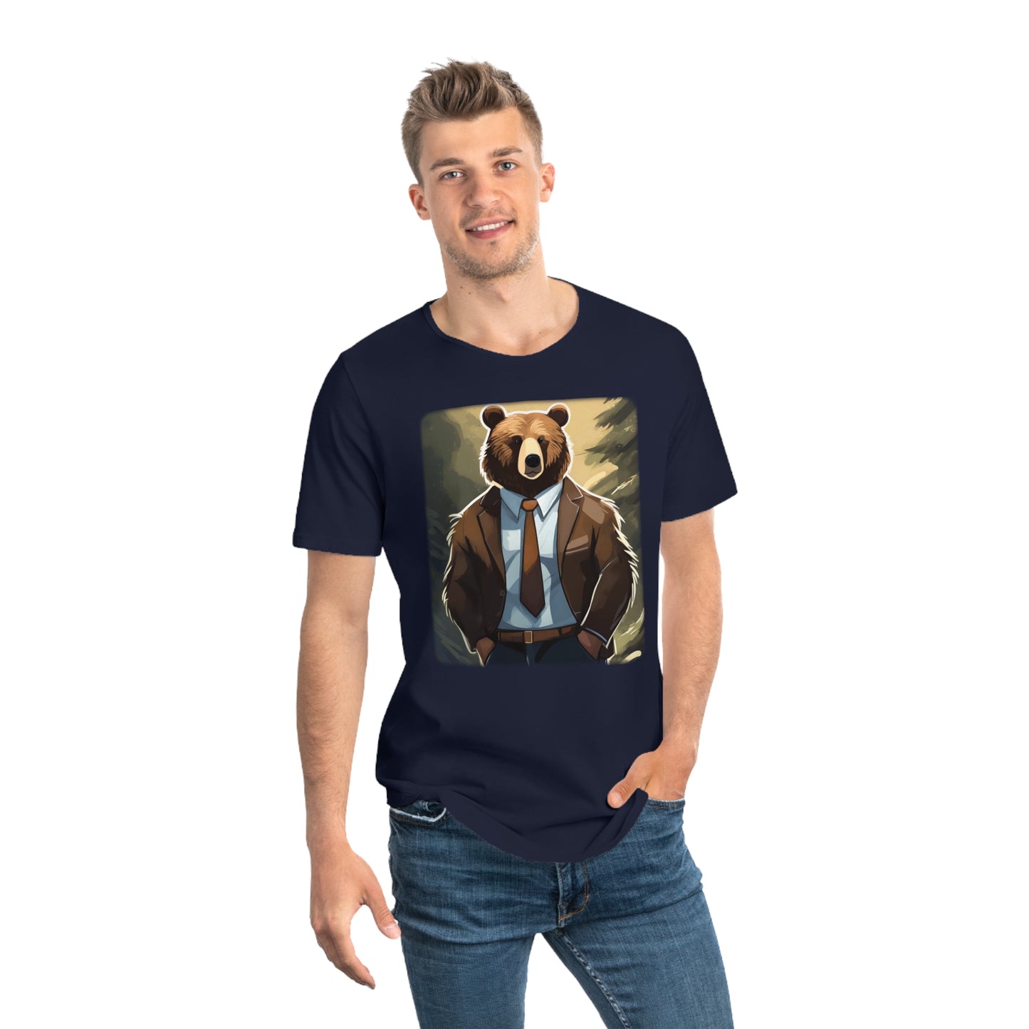 Men's Jersey Curved Hem Tee, Bear Print T-shirt 2101