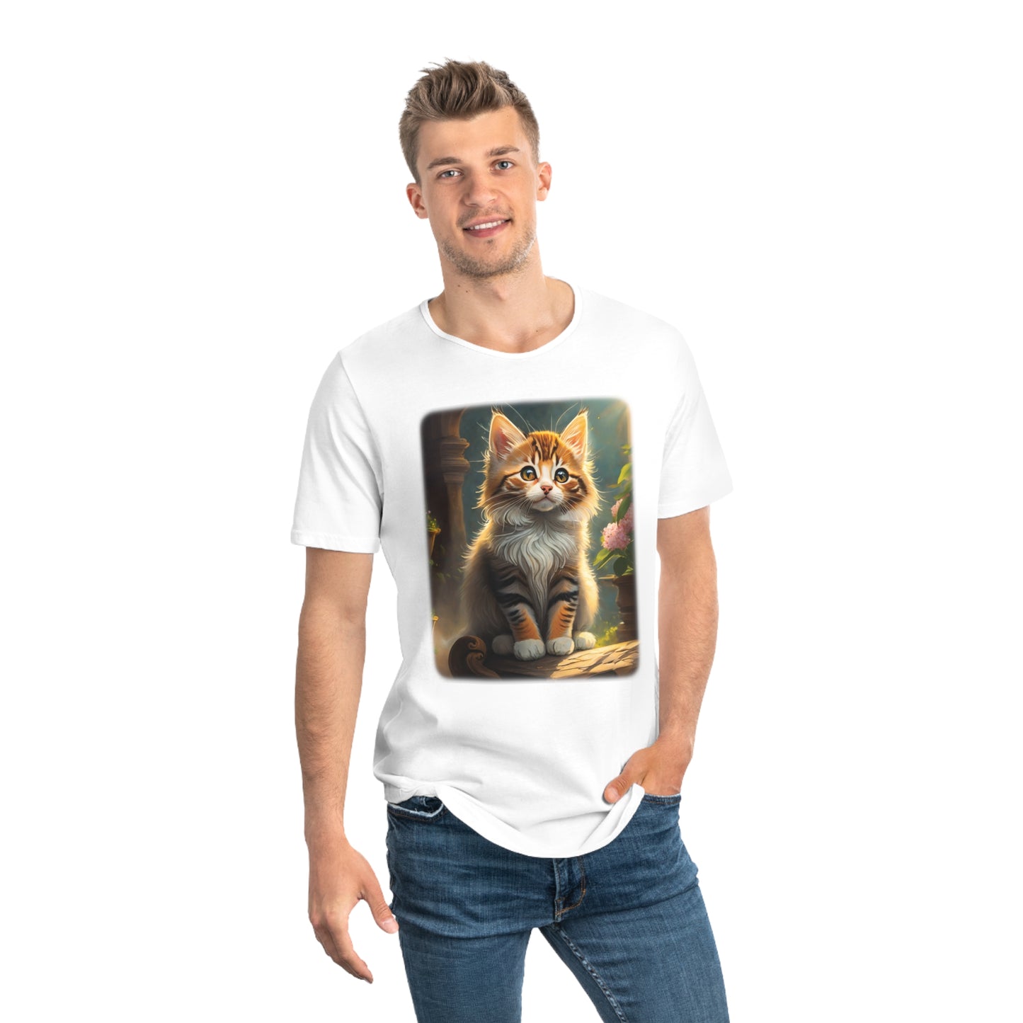 Men's Jersey Curved Hem Tee, Kitten Print T-shirt 2201