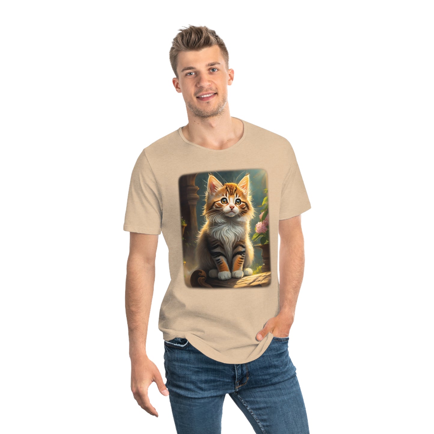 Men's Jersey Curved Hem Tee, Kitten Print T-shirt 2201